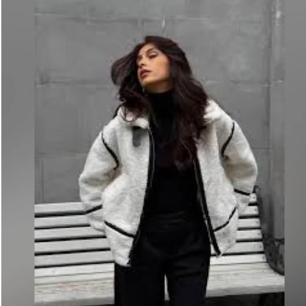 NWT Jason Wu Faux Black Leather Trim Shearling Jacket in White Cream